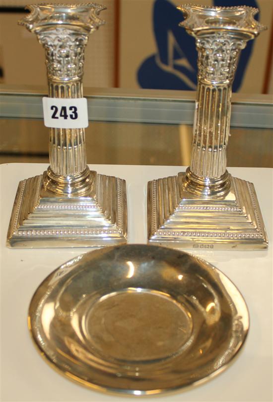 Pair Edwardian silver candlesticks & silver dish